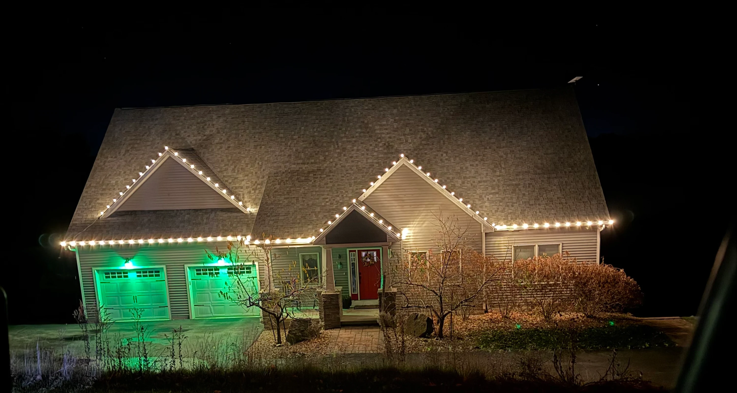 Holiday Lighting project: Ranch Home, Color Accent Garage in Saratoga County, NY